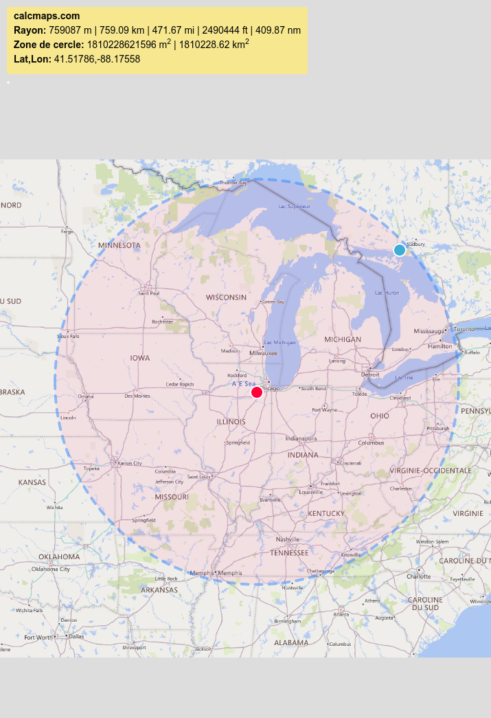 Cercle de 759 km à partir de l'aérodrome