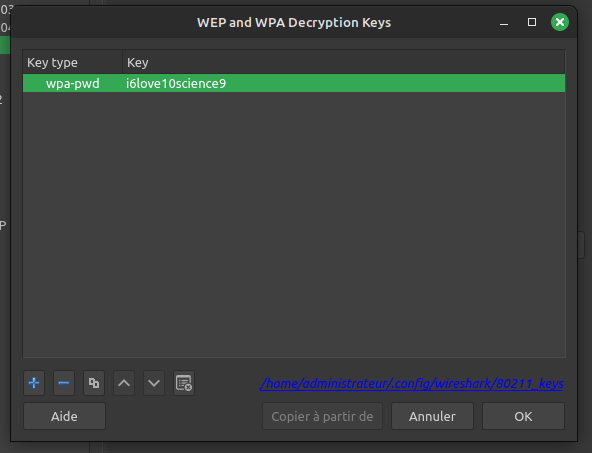 Ajout du mot de passe trouvé dans Decryption Keys